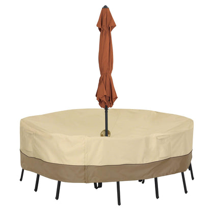 Classic Accessories Veranda - Juego de Mesa y Silla Redonda de 94 Pulgadas, Resistente al Agua, con Agujero para Paraguas, Cubierta de Mesa para Exteriores