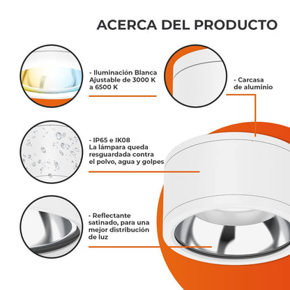 Tecnolite Lámpara Plafón LED de Sobreponer 35 W, Luz Blanca Configurable, IP65, IK08, Interior y Exterior, LED integrado