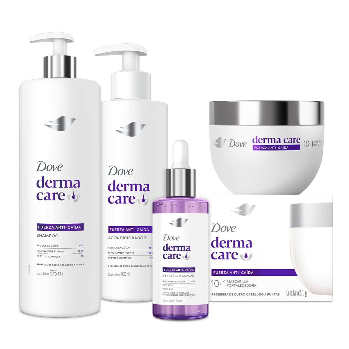 DOVE Kit Rutina Completa Fuerza Anti-Caída. Reduce la Caída 95%, 4 pzas: Shampoo, Acondicionador, Mascarilla y Sérum Capilar