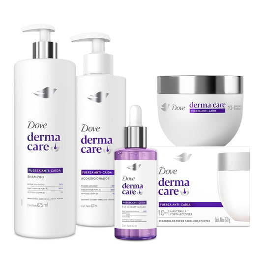 DOVE Kit Rutina Completa Fuerza Anti-Caída. Reduce la Caída 95%, 4 pzas: Shampoo, Acondicionador, Mascarilla y Sérum Capilar