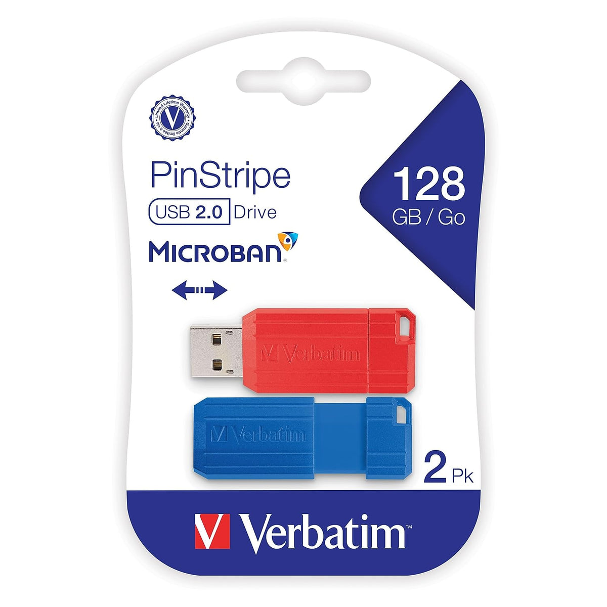 Verbatim Memoria Flash USB Pinstripe de 128 GB – 2pk – Rojo, Azul