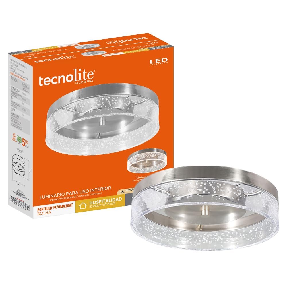 Tecnolite - Lámpara de Techo Plafón LED 20 W, Luz Cálida Brillante, No atenuable