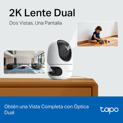 Tapo TP-Link C245D Cámara de Seguridad WiFi Interior - Doble Lente 2K - Cobertura 360° - Visión Nocturna Infrarroja - Detección de Movimiento - Audio Bidireccional - 512GB - App