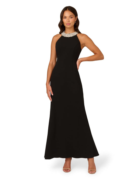 Adrianna Papell Vestido de Blusa con abalorio Art Deco con Cuello Halter Vestido Formal de Noche para Mujer