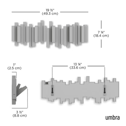 Umbra Sticks perchero de pared con gancho de riel y 5 clavijas retráctiles – Organizador de almacenamiento moderno que ahorra espacio, gris