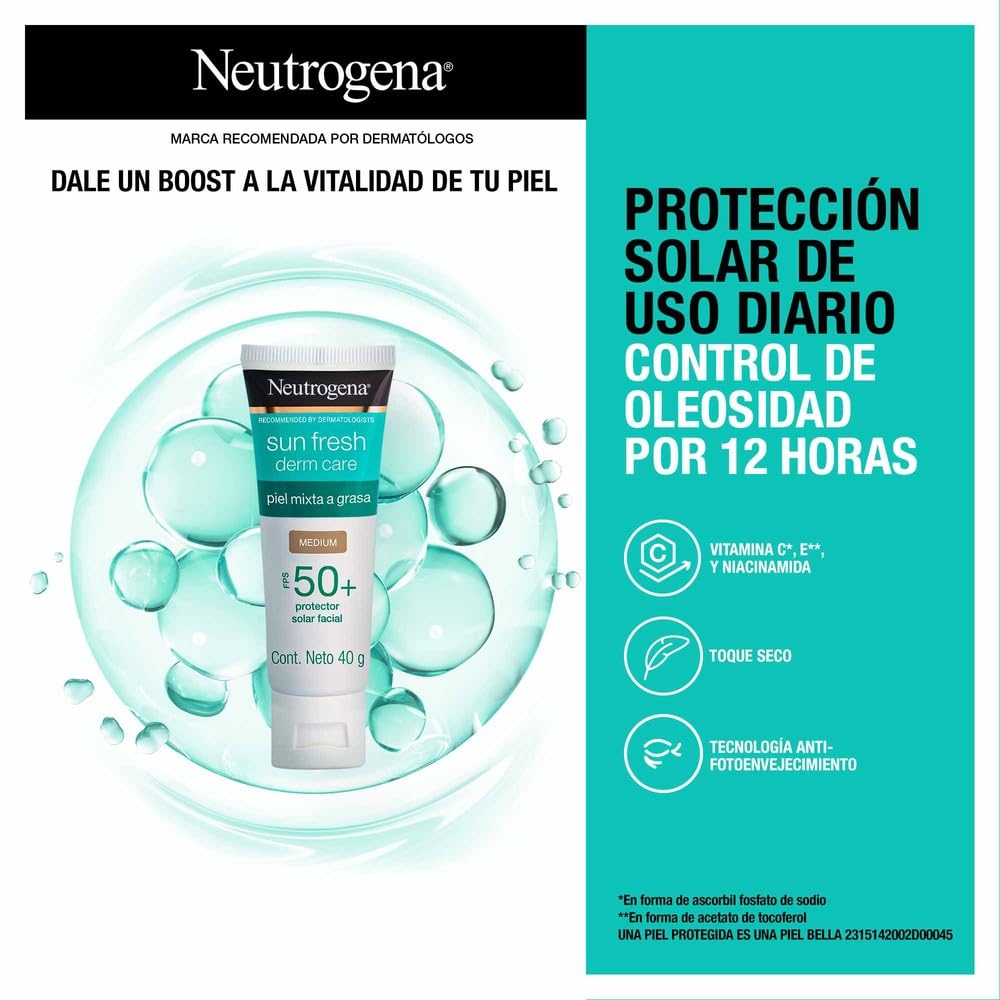 Neutrogena Sun fresh Protector Solar Facial Tono Medio Dermcare Niacinamida FPS50+, 40g