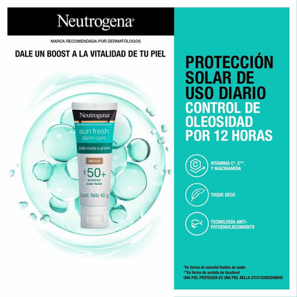 Neutrogena Sun fresh Protector Solar Facial Tono Medio Dermcare Niacinamida FPS50+, 40g
