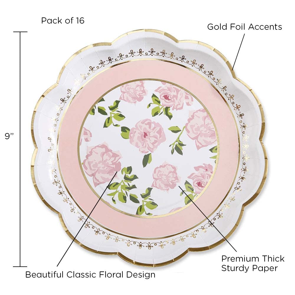 Kate Aspen - Fiesta de té floral clásico de 9 pulgadas Platos de papel decorativos de primera calidad | Suministros para fiestas, color rosa (juego de 16), (28590PK)