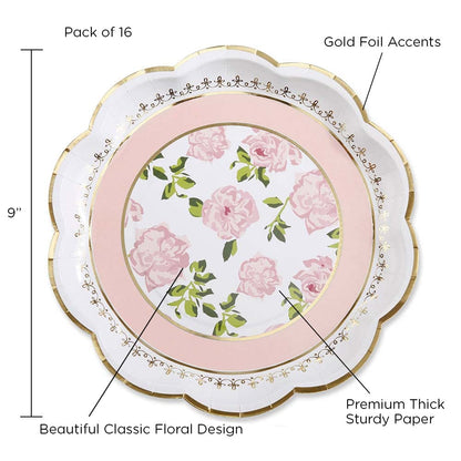 Kate Aspen - Fiesta de té floral clásico de 9 pulgadas Platos de papel decorativos de primera calidad | Suministros para fiestas, color rosa (juego de 16), (28590PK)