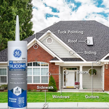GE - Calafaté de silicona multiusos, transparente, cartucho de 10 fl oz, 1 paquete, sellador de silicona 100% impermeable, adherencia más fuerte, a prueba de congelación y sol