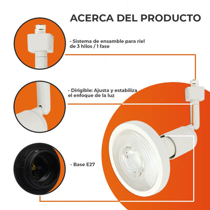 Tecnolite Lámpara Spot de Riel Dirigible Potencia Máx. 90 W, Base E27, Foco PAR38 no incluido