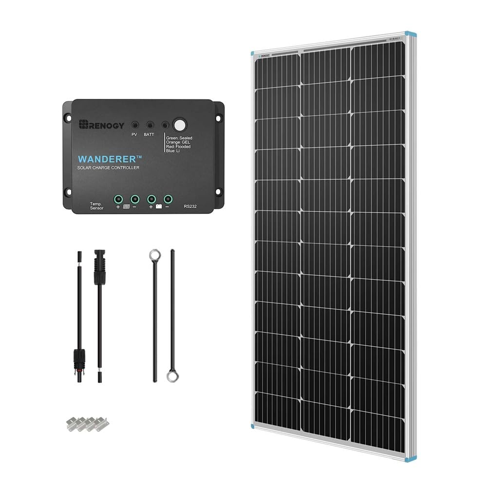 Renogy - Kit de inicio de panel solar de 100 W y 12 V, panel solar monocristalino de 100 W, driver de cargador PWM LCD de 30 A, kit adaptador, cables de bandeja, soportes Z para RV, campista y otras
