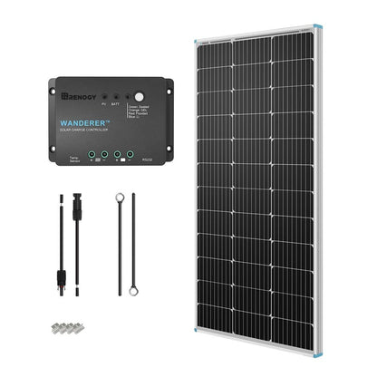 Renogy - Kit de inicio de panel solar de 100 W y 12 V, panel solar monocristalino de 100 W, driver de cargador PWM LCD de 30 A, kit adaptador, cables de bandeja, soportes Z para RV, campista y otras
