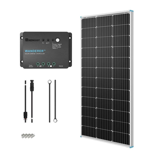 Renogy - Kit de inicio de panel solar de 100 W y 12 V, panel solar monocristalino de 100 W, driver de cargador PWM LCD de 30 A, kit adaptador, cables de bandeja, soportes Z para RV, campista y otras