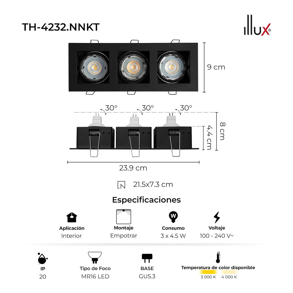 ILLUX Lámpara Downlight Triple MR16 3000K 13.5W Negro TH-4232.NNKT30