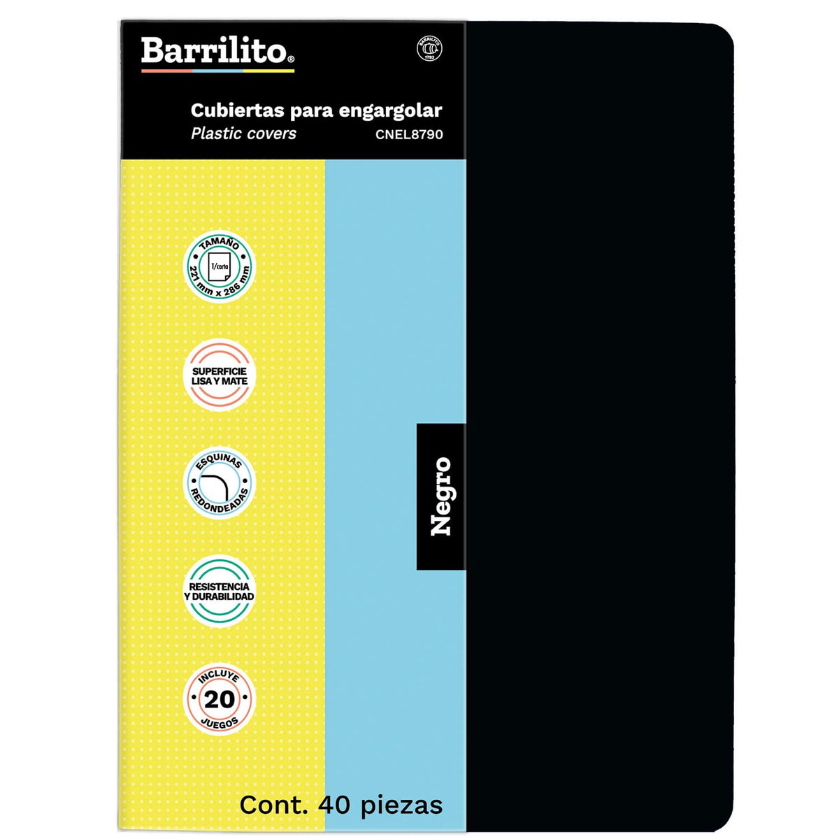 Barrilito Cubierta para Engargolar Lisa Negro Carta 40 piezas