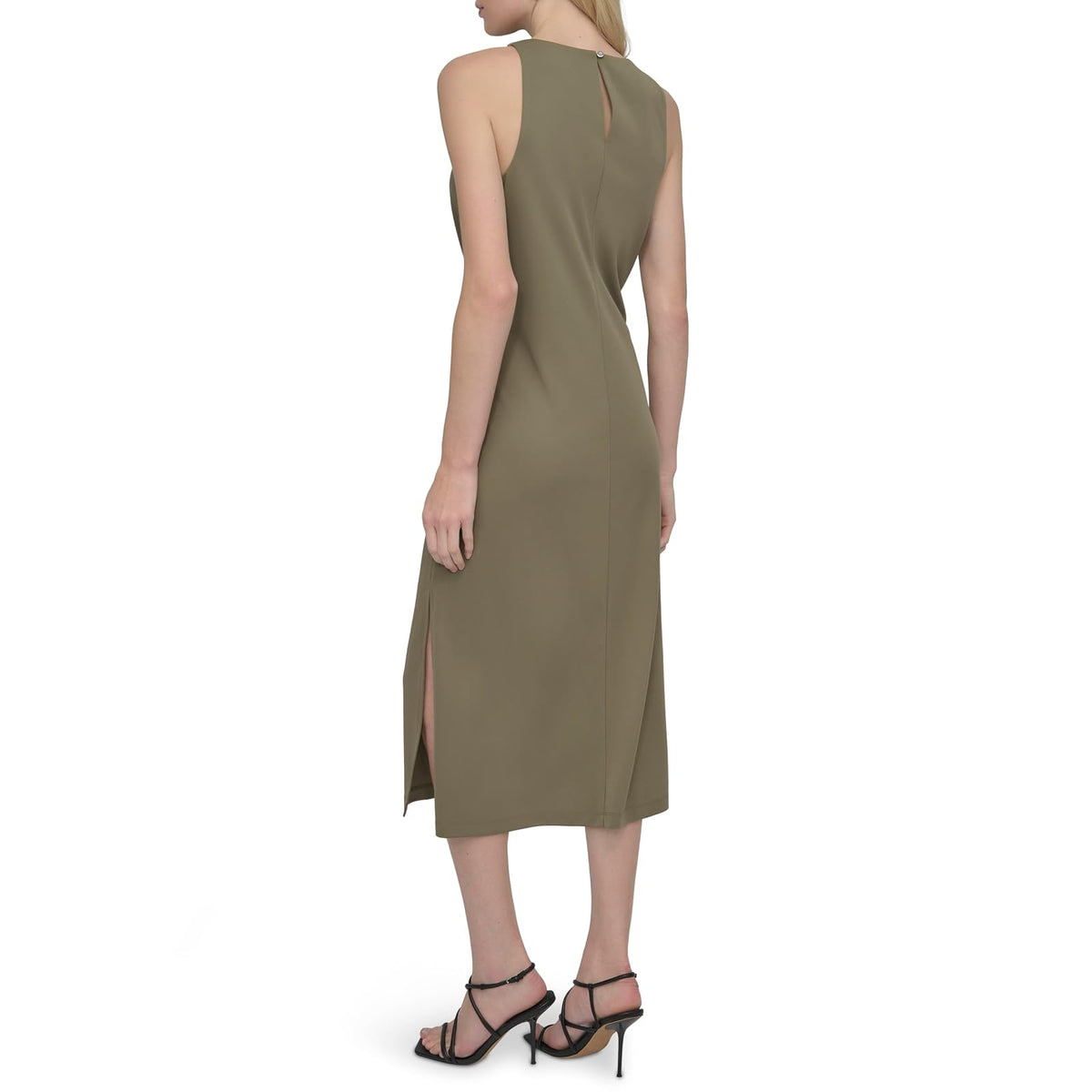 DKNY - Vestido Midi elástico sin Mangas con Cuello Joya para Mujer