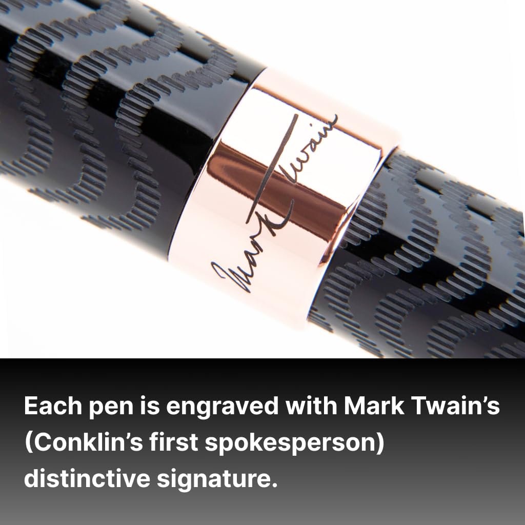 Conklin Mark Twain Crescent - Pluma estilográfica de relleno - Black Chase con ribete de oro rosa de 18 quilates, punta flexible