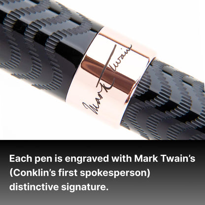 Conklin Mark Twain Crescent - Pluma estilográfica de relleno - Black Chase con ribete de oro rosa de 18 quilates, punta flexible