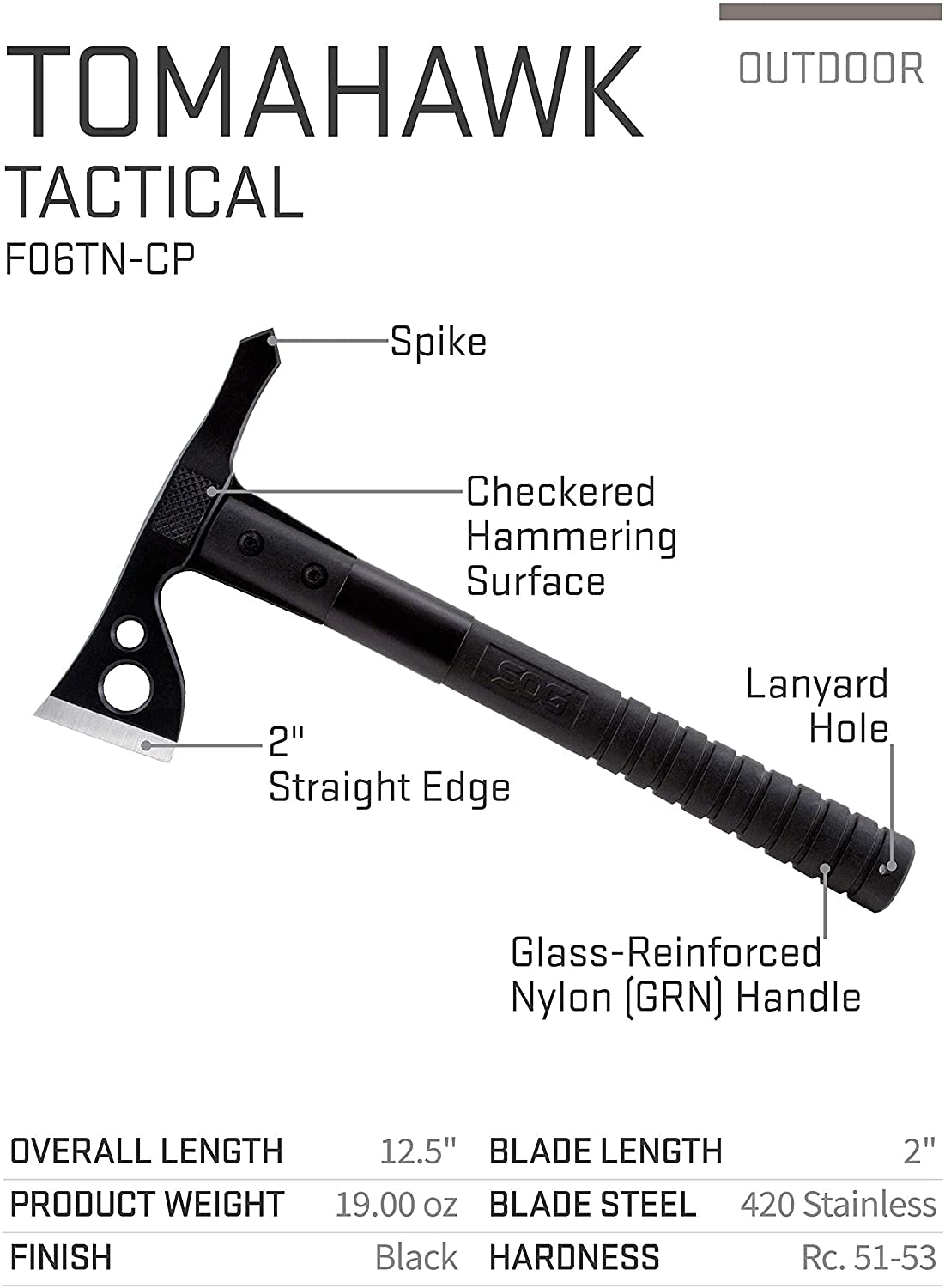 SOG Specialty Knives and Tools F06TN-CP Fasthawk Tactical Tomahawk with 2-Inch Steel Axe Blade and Black Ballistic Nylon Sheath, black finish