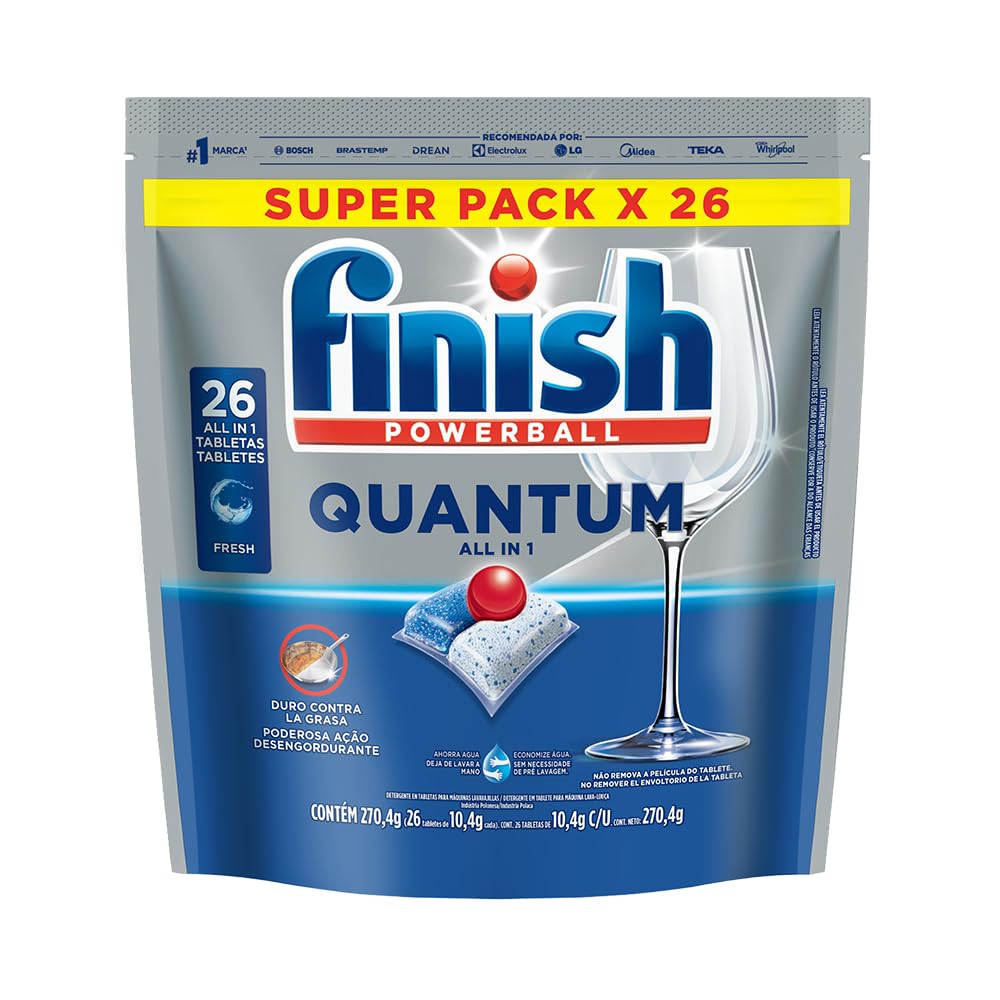 Finish® Quantum Detergente en Tabletas para Lavavajillas, 26 tabletas, Sin necesidad de pre-lavar para una limpieza profunda y duro contra la grasa