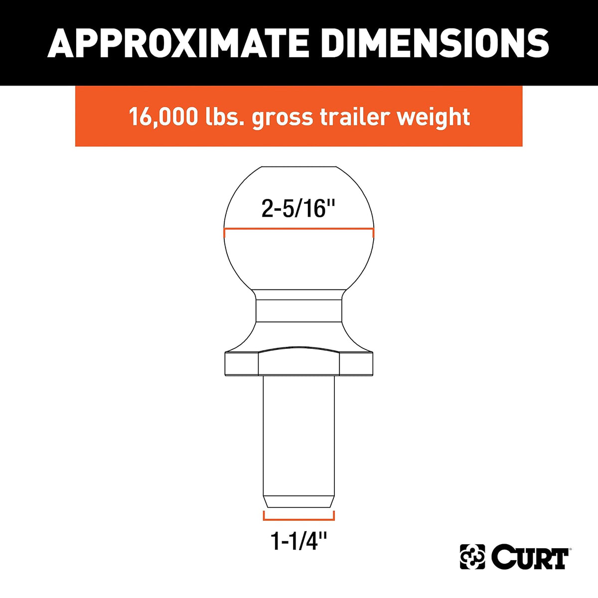 CURT Bola de Enganche 48830, 2-5/16 in, Capacidad 16000 LB, Vástago 1-1/4 in, Cromado