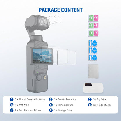 NEEWER Pantalla Protectores Kit (Paquete de 3) Compatible con DJI Osmo Pocket 4 y 3 y Xtra Muse Creator Combo Accesorios, 9H HD Protectora Vidrio Película para Pantalla Táctil & Gimbal Cámara Objetos, CA140