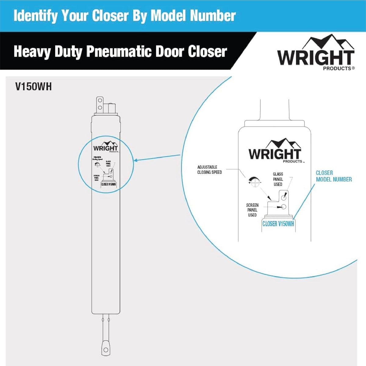 Wright Products Cierrapuertas Neumáticas de Alta Resistencia | Transición, Blanco, Ajustable, Cierre Silencioso, Función de Sujeción Abierta