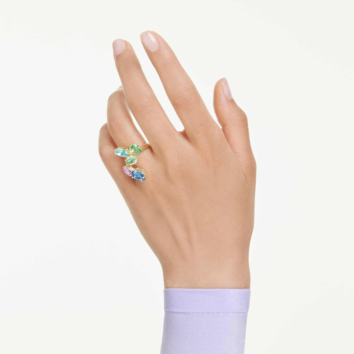 Anillo con motivo de gema Swarovski, cortes mixtos, multicolor, chapado en tono dorado