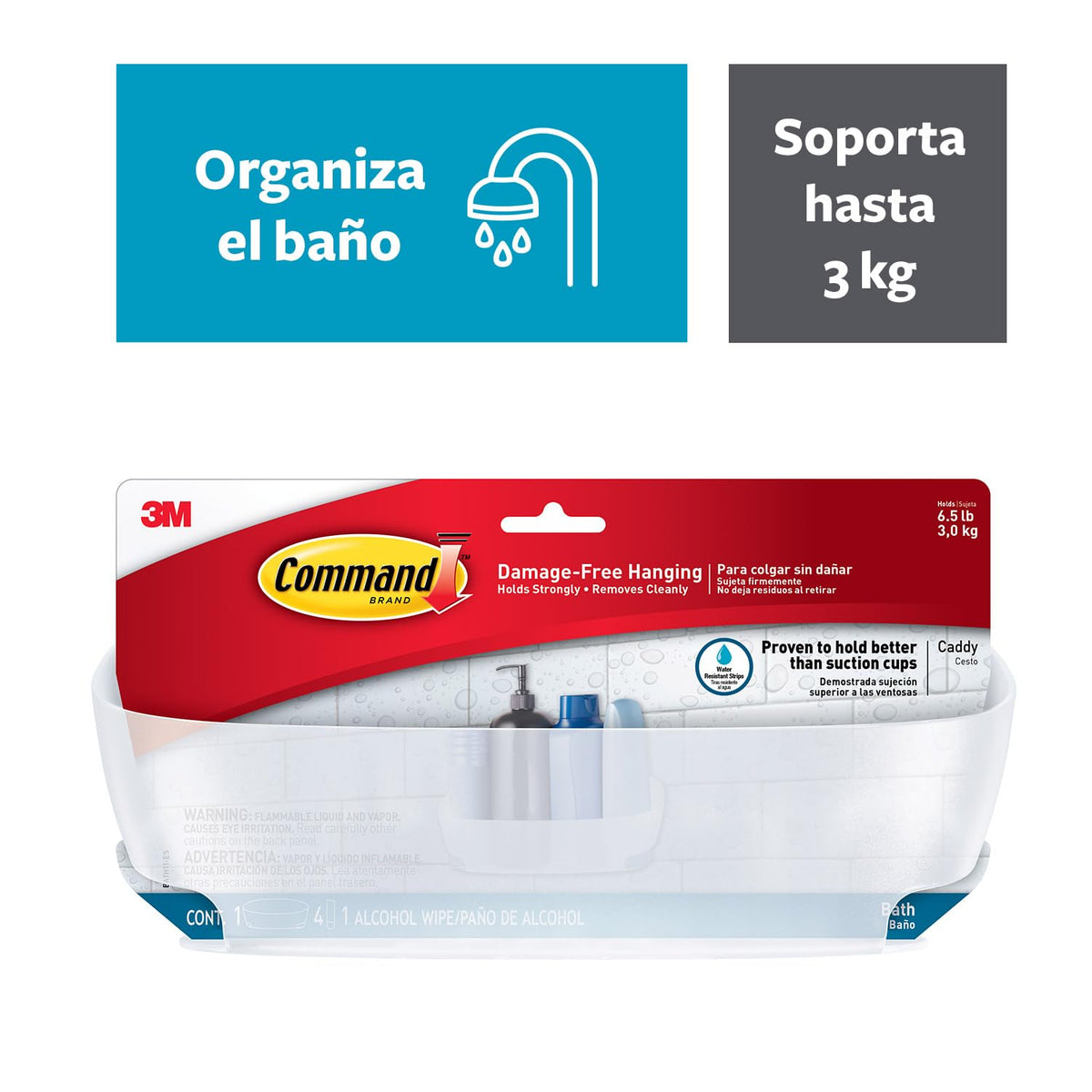 COMMAND 3M Cesto para Baño con Tiras Adhesivas Color Blanco 1 pza | Organiza el baño sin dañar superficies, Resistente al agua, No requiere herramientas, Fácil de limpiar, Fijación segura