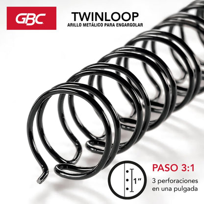 GBC Arillo Metálico Twin Loop 3:1-3/8" para Engargolar, Color Negro, Paquete con 100 Piezas. P7242