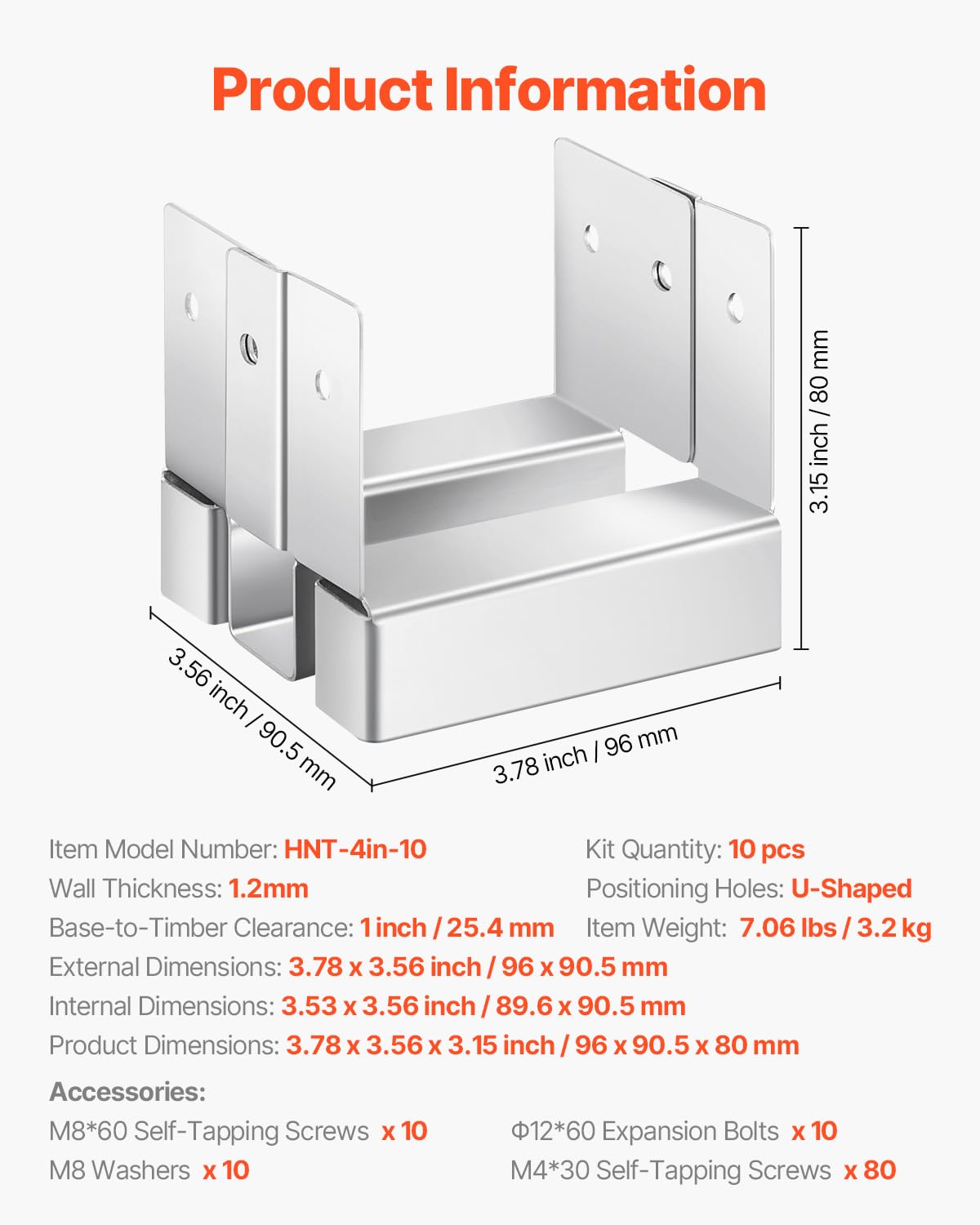 VEVOR Base para Postes, Anclaje para Postes de Hormigón, Acero al Carbono Galvanizado de Alta Resistencia con Separación de 2,54 cm, para Pérgolas y Patios de Hormigón, 96 x 90,5 x 80 mm, 10 uds