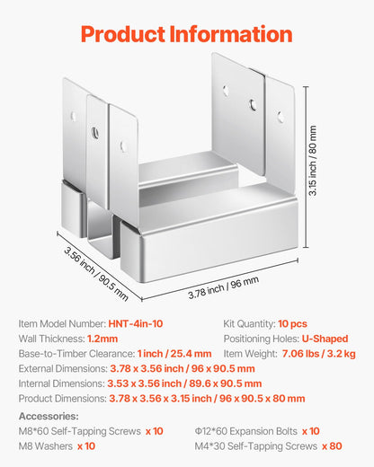 VEVOR Base para Postes, Anclaje para Postes de Hormigón, Acero al Carbono Galvanizado de Alta Resistencia con Separación de 2,54 cm, para Pérgolas y Patios de Hormigón, 96 x 90,5 x 80 mm, 10 uds