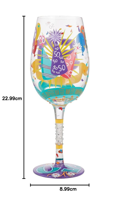 Enesco Designs by Lolita Happy 50th Birthday - Copa de vino artesanal pintada a mano, 15 onzas, multicolor