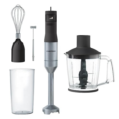 Chefman 4-in-1 Food Prep Kit - Batidora de Inmersión de Velocidad Variable, Procesador de Alimentos de 900 ml, Batidor de Globo y Espumador de Leche