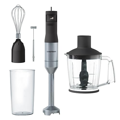 Chefman 4-in-1 Food Prep Kit - Batidora de Inmersión de Velocidad Variable, Procesador de Alimentos de 900 ml, Batidor de Globo y Espumador de Leche