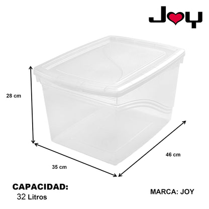 JOY - Caja de Almacenamiento 32 Litros, Pack de 2, para Organizar Armario, Juguetes, Ropa, con Cierre Click! y Agarraderas Reforzadas, Plástico Libre de BPA, Transparente