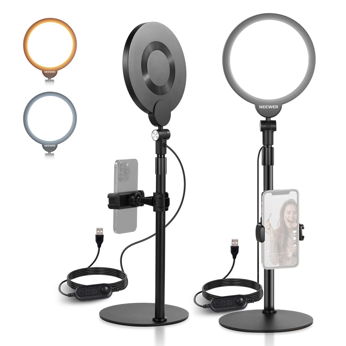 NEEWER BÁSICO Paquete de 2 7" Aro Luz Escritorio para Grabación, 10W Regulable Key Light Pantalla Completa con Soporte & Soporte Teléfono, Ideal para iPhone Laptop Vlog Streaming Videoconferencia,R06