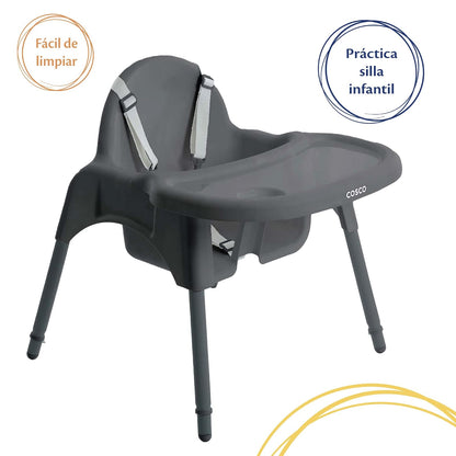 Cosco Silla Alta 2 en 1, Gris, con bandeja removible y arnés de 5 puntos. Uso desde 6 meses hasta 15 kg