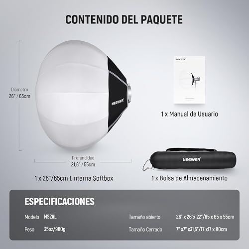 NEEWER 65cm Softbox Linterna, Difusor de Luz de 360° de Liberación Rápida Softbox con Bowens Mount con Aleación de Nylon para RGB CB60 CB60B CB200B MS60B MS60C MS150B Luz de Video LED Continua, NS26L