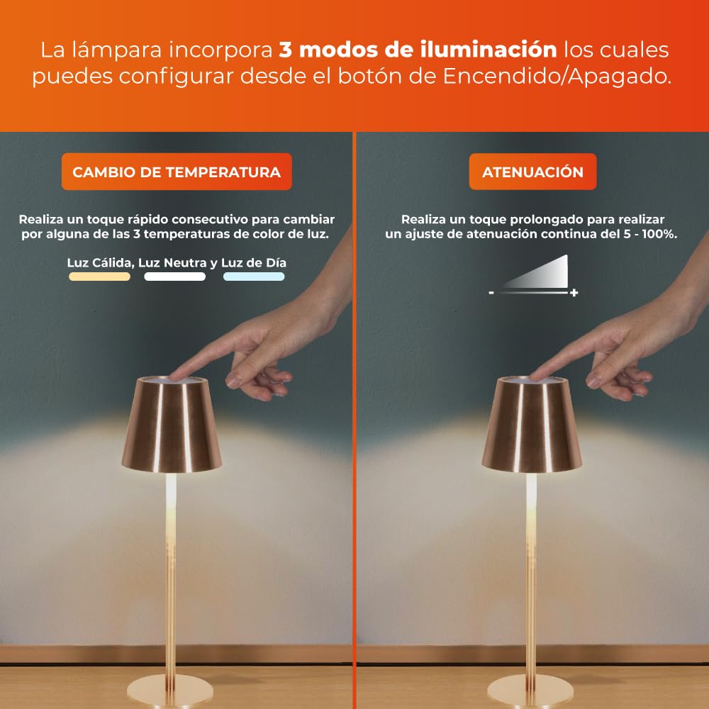 Tecnolite - Lámpara de Mesa LED 5 W Portátil, Recargable, Luz Blanca Ajustable y Atenuable Táctil, Lámpara Interior para Restaurante