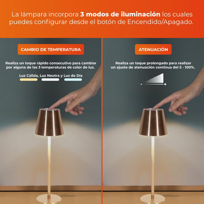 Tecnolite - Lámpara de Mesa LED 5 W Portátil, Recargable, Luz Blanca Ajustable y Atenuable Táctil, Lámpara Interior para Restaurante