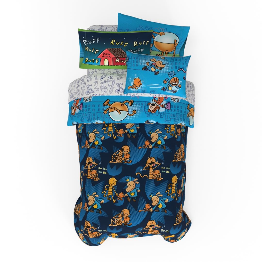Franco Dog Man Supa Book - Juego de Ropa de Cama para niños, súper Suave y acogedora, edredón y sábanas de Microfibra Reversible con Funda, 5 Piezas tamaño Individual, (Producto con Licencia Oficial)