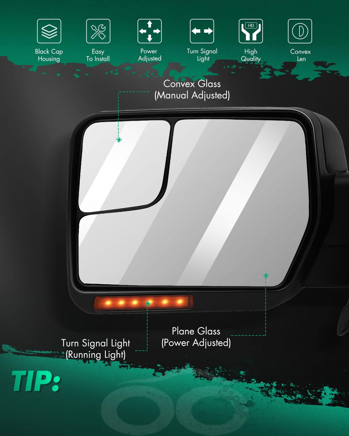 SCITOO Compatible con Ford F150 espejo de remolque reflector con luces de charco, espejo retrovisor negro compatible con Ford F150 2004-2014 para Ford F150 con señal de giro, control de potencia calentado, plegado manual (lado del conductor)
