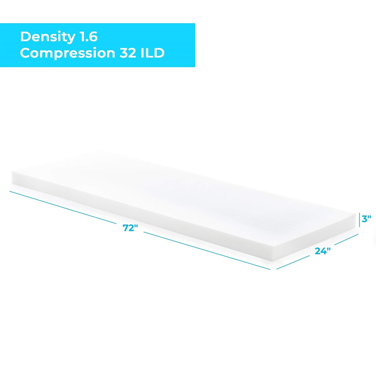 Linenspa LS4247225UF - Cojín de espuma de alta densidad, ideal para sillas, sofás, cabeceros y proyectos de bricolaje, Blanco, 3" x 24" x 72", 1