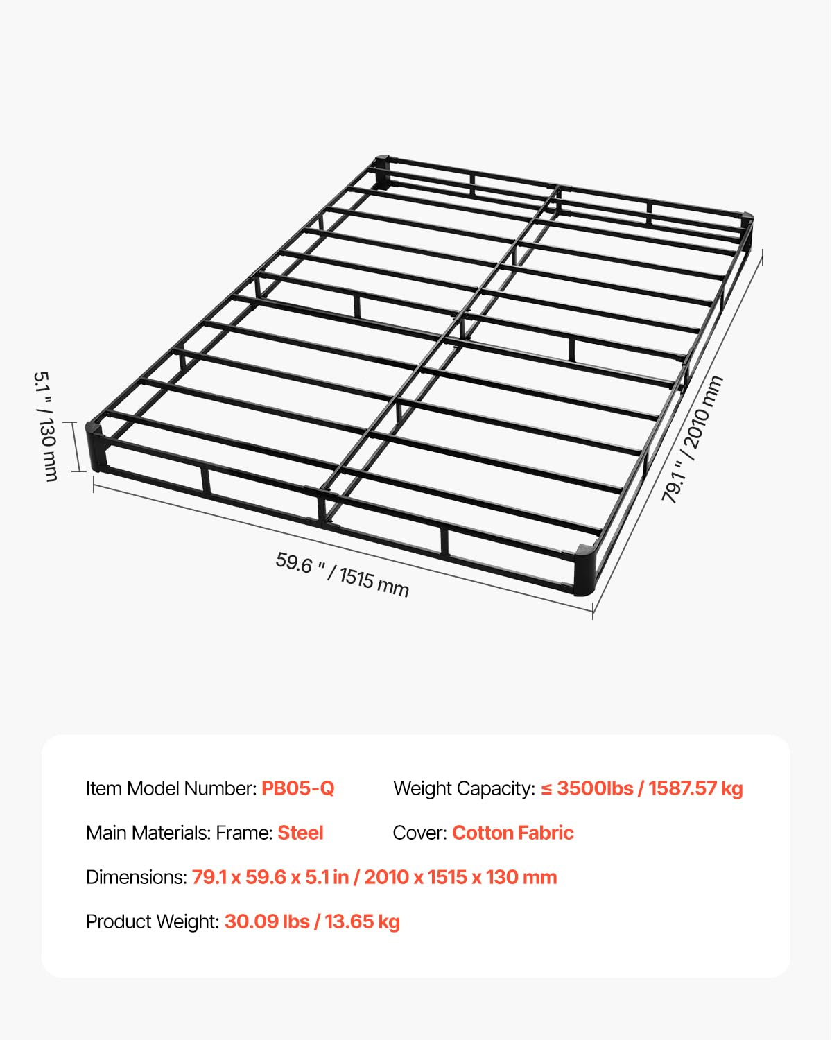 VEVOR - Somier de cama tamaño Queen con tela lavable, marco de metal resistente para cama Queen, base de colchón de 5 pulgadas, capacidad máxima de peso de 3500 libras, fácil montaje, 79.1 pulgadas de