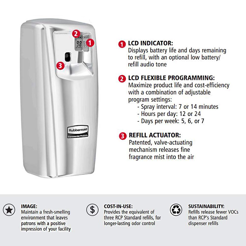 Rubbermaid Commercial Microburst 9000 - Dispensador LCD con control de olores en aerosol, color blanco, para restaurantes, hoteles, escuelas, aeropuertos, oficinas