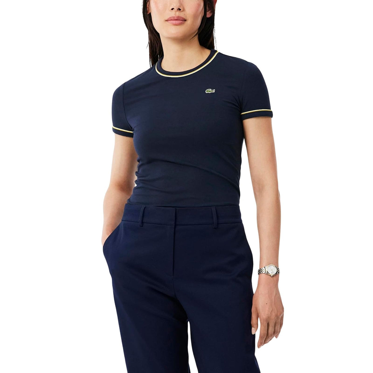 Lacoste Playera Ribete Corte Entallado Mujer - XS - Azul Marino