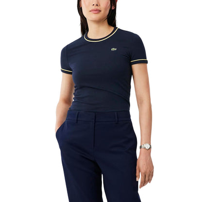 Lacoste Playera Ribete Corte Entallado Mujer - XS - Azul Marino
