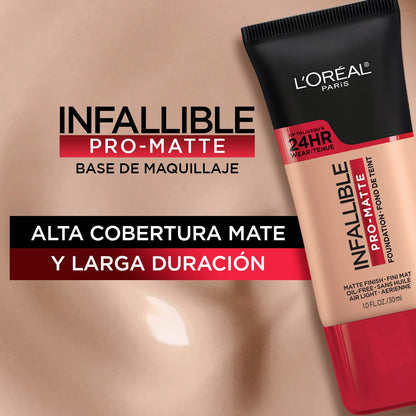L'Oréal Paris, Base de maquillaje líquida de larga duración, Infallible 24h Pro-matte, Tono Natural Beige 105, 30ml